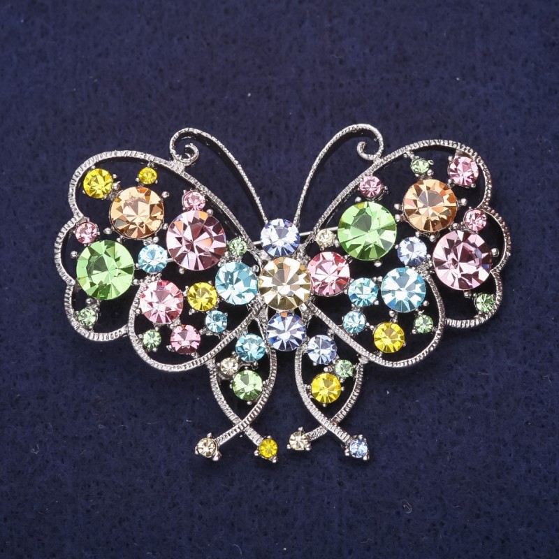 Brooch Butterfly with Rhinestones Colorful Pink Blue Green Yellow 63x47mm Silver Metal