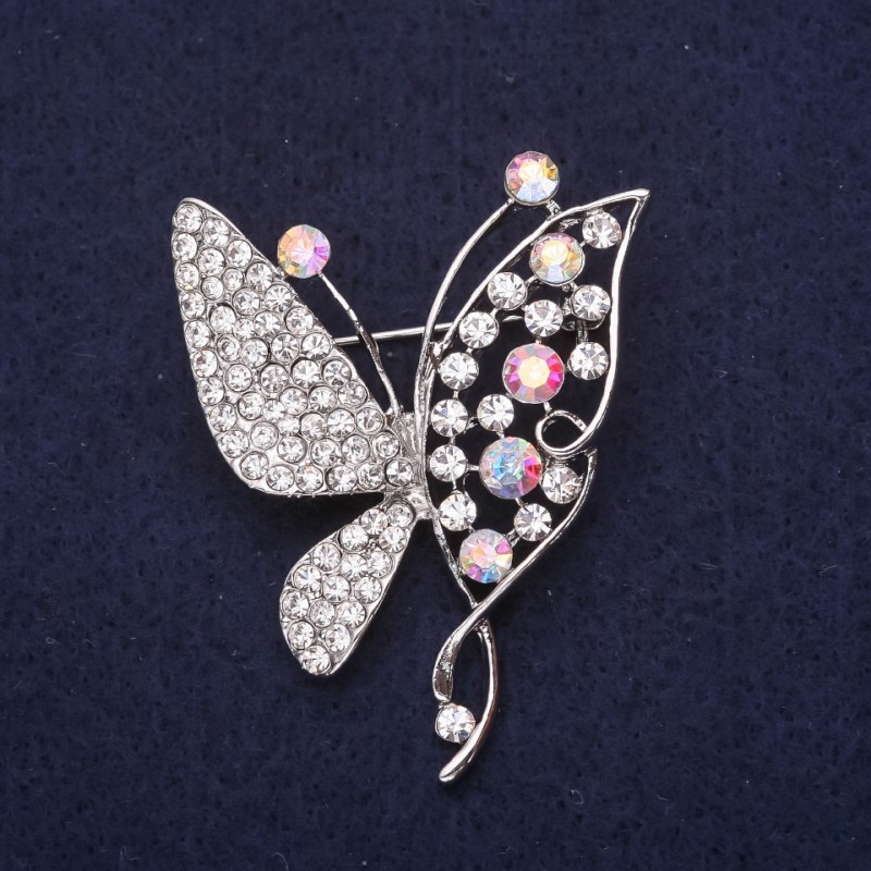 Brooch Butterfly with Crystals White Chameleon 50x38mm Silver Metal