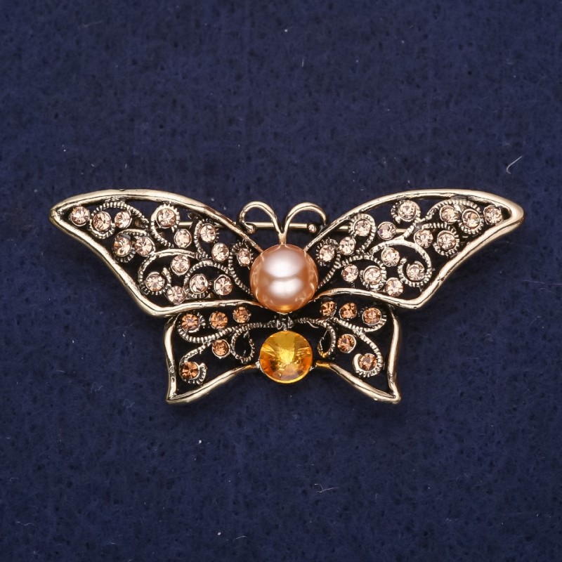 Brooch Butterfly with Yellow Stones and Pearl Bead 55x25mm Yellow Metal