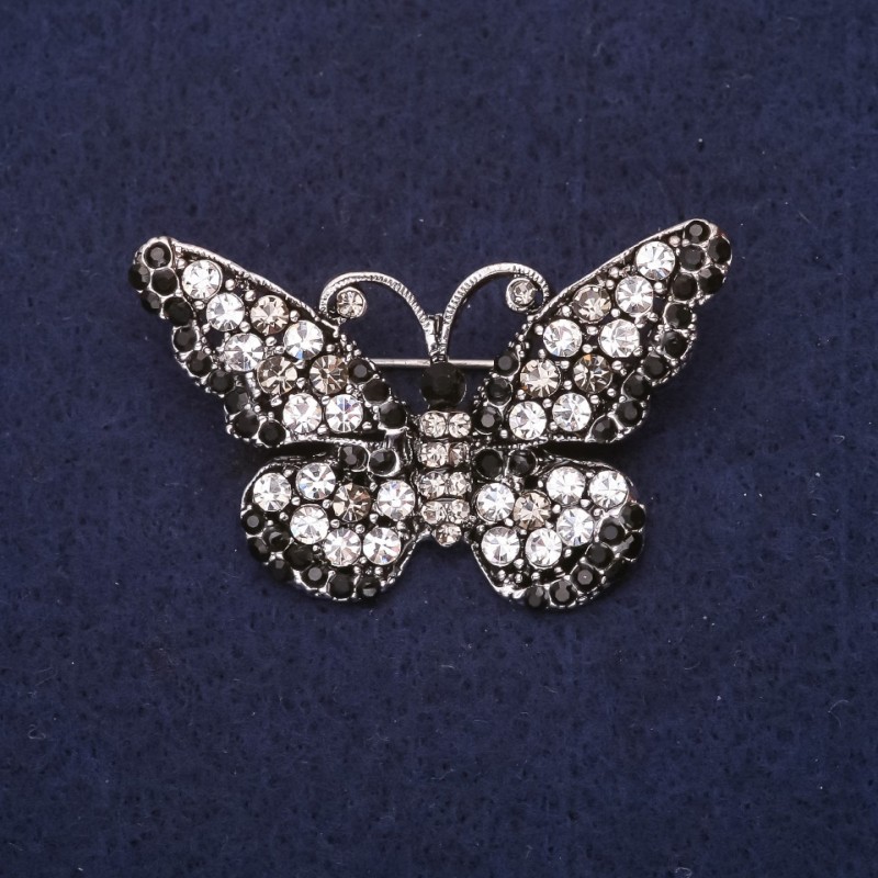 Brooch Butterfly with Rhinestones White Black Gray 47x29mm Silver-Colored Metal