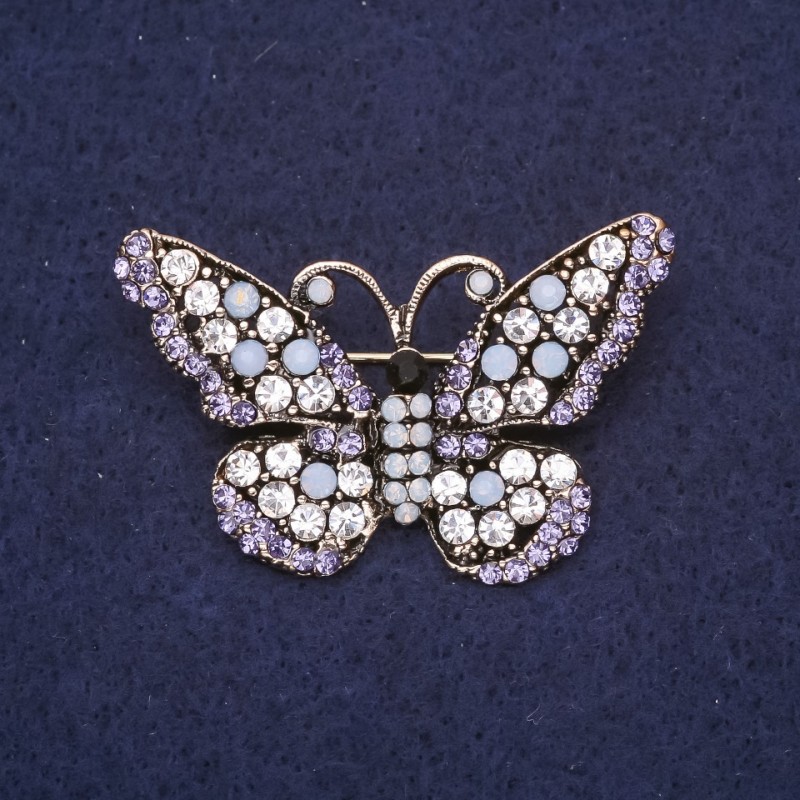 Brooch Butterfly with blue and white crystals 28x47mm silver metal