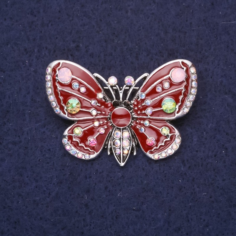 Brooch Butterfly with Rhinestones Chameleon Burgundy Enamel 38x28mm Silver Metal