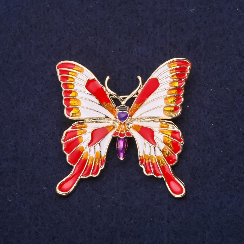 Brooch Butterfly Enamel Color Red White Orange Purple 36x37mm Yellow Metal
