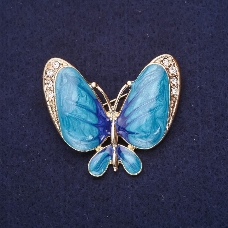 Brooch Butterfly with White Crystals and Blue Enamel on Yellow Metal 36x42mm