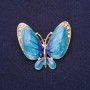 Brooch Butterfly with White Crystals and Blue Enamel on Yellow Metal 36x42mm