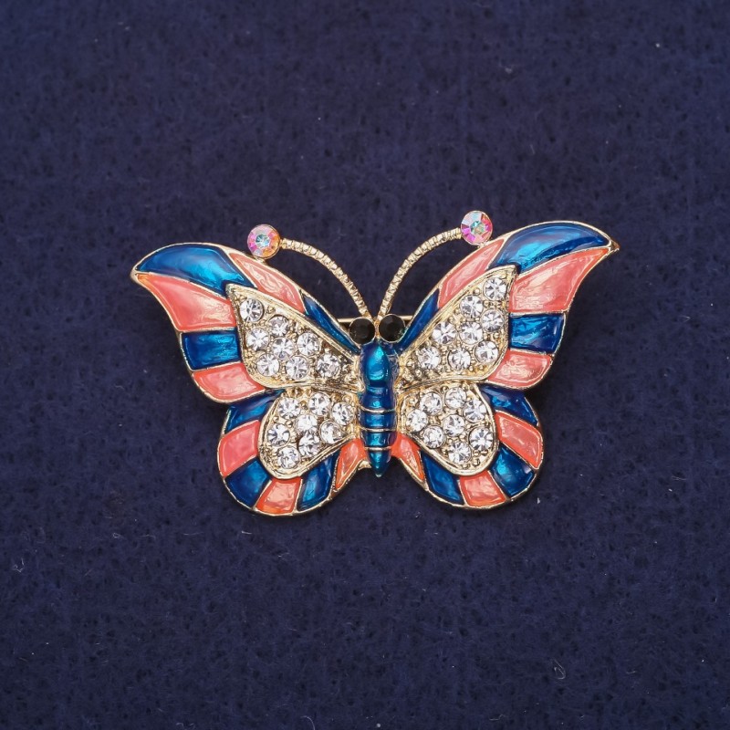 Brooch Butterfly with white rhinestones and enamel blue coral 46x28mm yellow metal