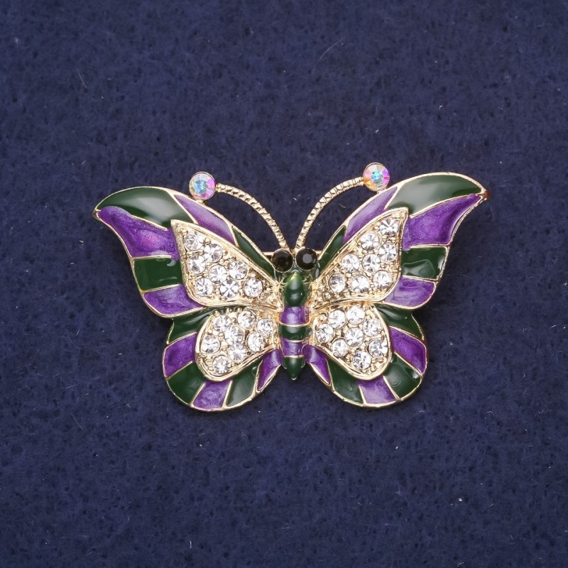 Brooch Butterfly Purple Enamel White Rhinestones 45x28mm Yellow Metal