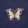 Brooch Butterfly Purple Enamel White Rhinestones 45x28mm Yellow Metal