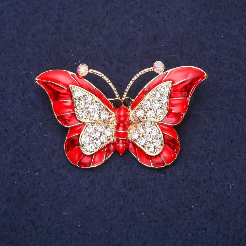 Brooch Butterfly red enamel white rhinestones 45x28mm yellow metal