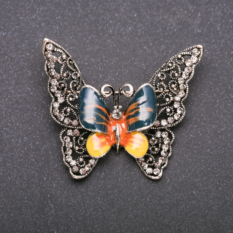 Butterfly Brooch with delicate yellow and green enamel on gray metal 50x40mm
