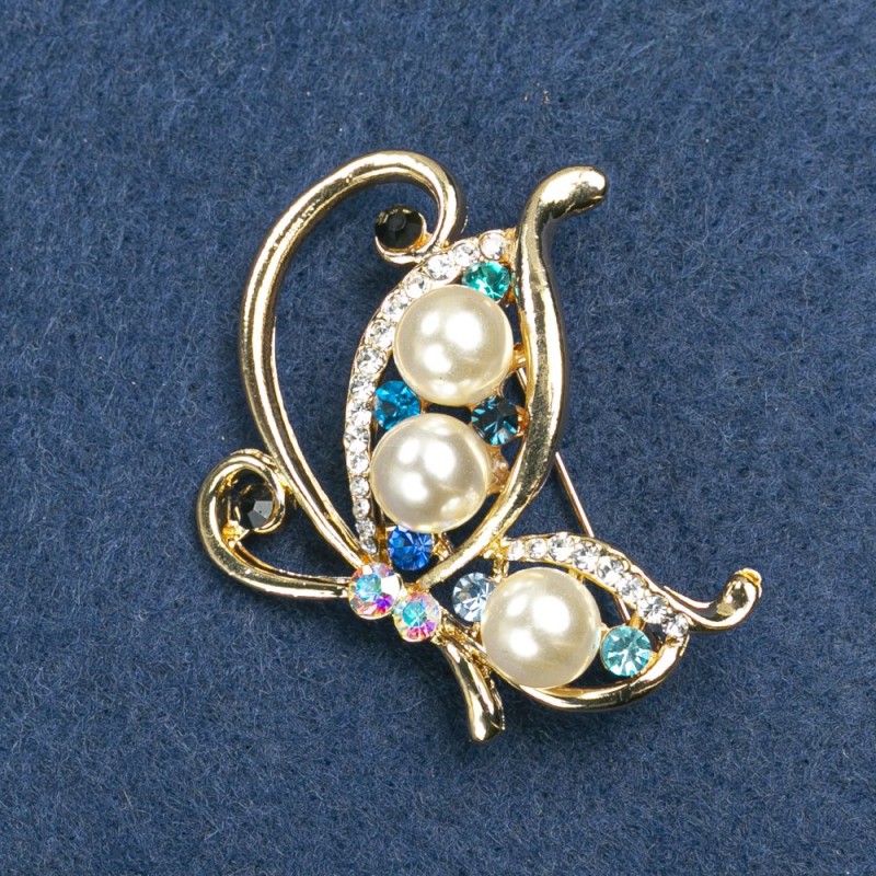 Butterfly Brooch with Beads and Rhinestones, Golden Metal 46x40mm