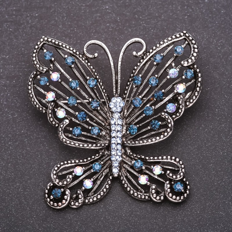 Butterfly Brooch with Blue Rhinestones 53x54mm Gray Metal
