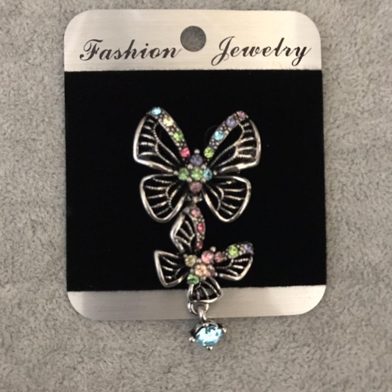 Butterfly Brooch with Multicolored Rhinestones 28x48, Silver Metal