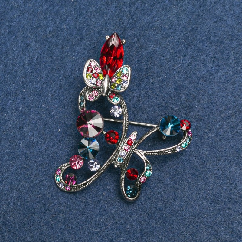 Butterfly Brooch, Silver-Ton Metal and Rhinestones 50mm +