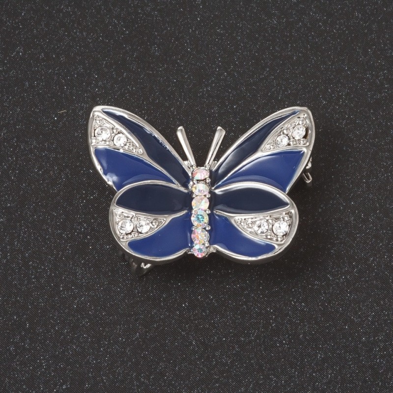 Brooch Butterfly blue enamel white crystals metal color "silver" 2.7 cm