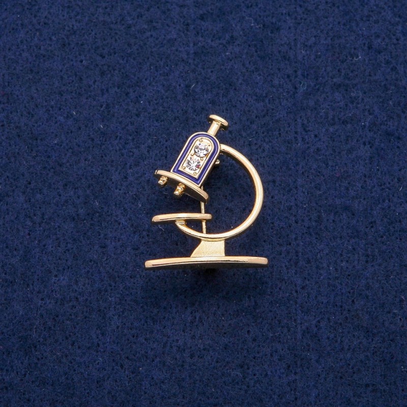 Brooch Microscope with enamel and rhinestones 24x31mm, golden metal