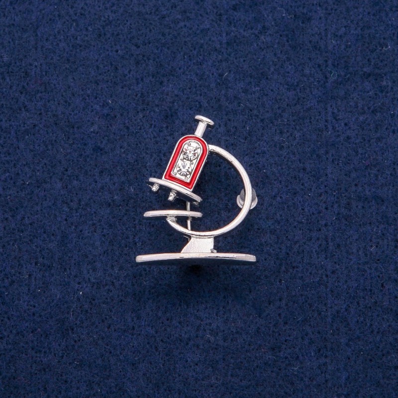 Brooch Microscope with enamel and crystals 24x31mm, silver-colored metal