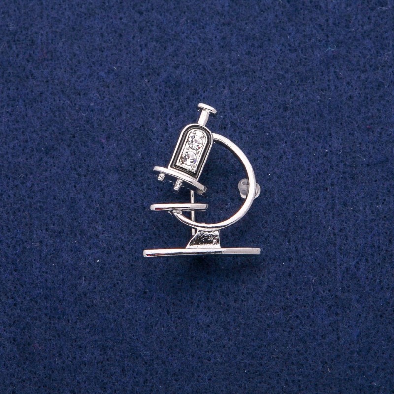 Brooch Microscope with enamel and rhinestones 24x31mm, silver metal