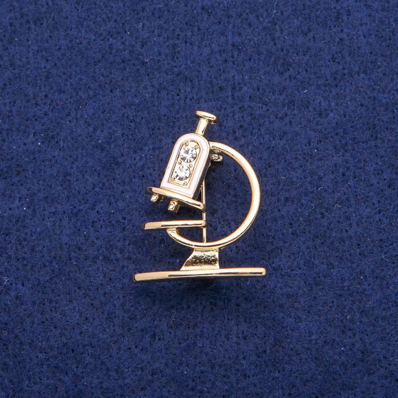 Brooch Microscope with enamel and crystals 24x31mm, gold-colored metal