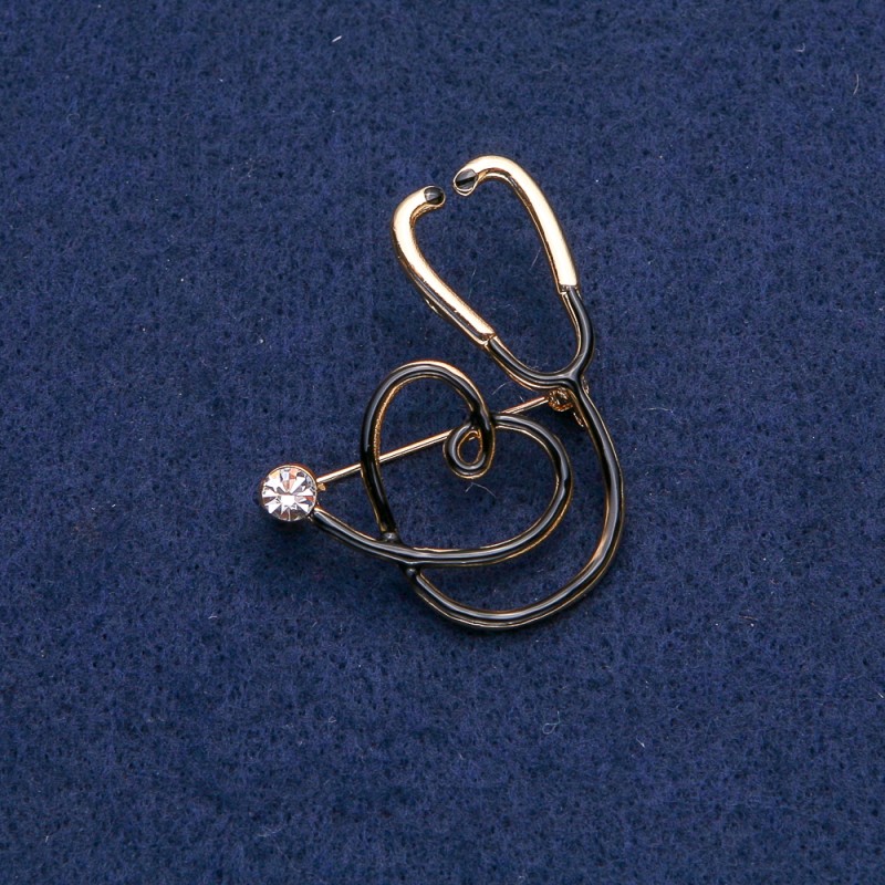 Brooch Black Stethoscope with Heart, White Stone, Gold-tone Metal 43x33mm