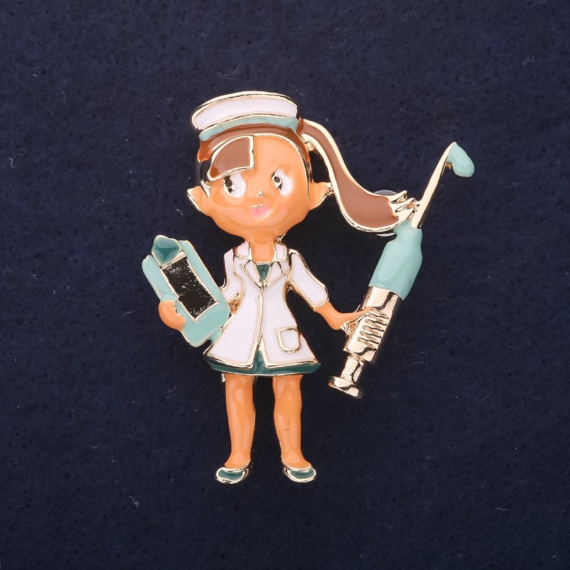 Brooch 'Doctor' enamel white blue 45x35mm golden metal