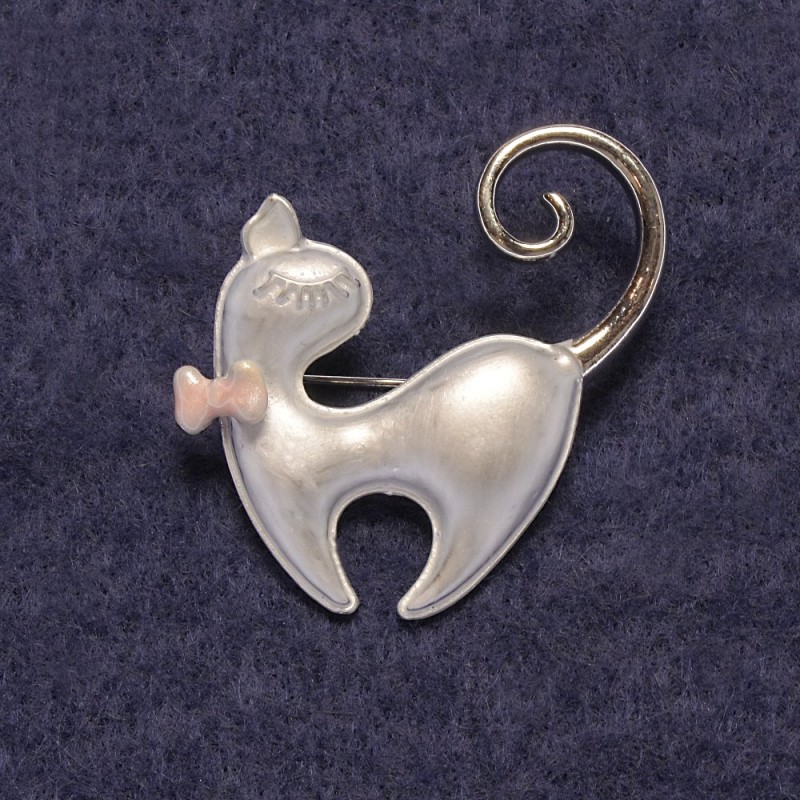 Brooch Cat with Pink Bow, Silver Enamel, Silver Metal 39x37mm +