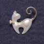 Brooch Cat with Pink Bow, Silver Enamel, Silver Metal 39x37mm +