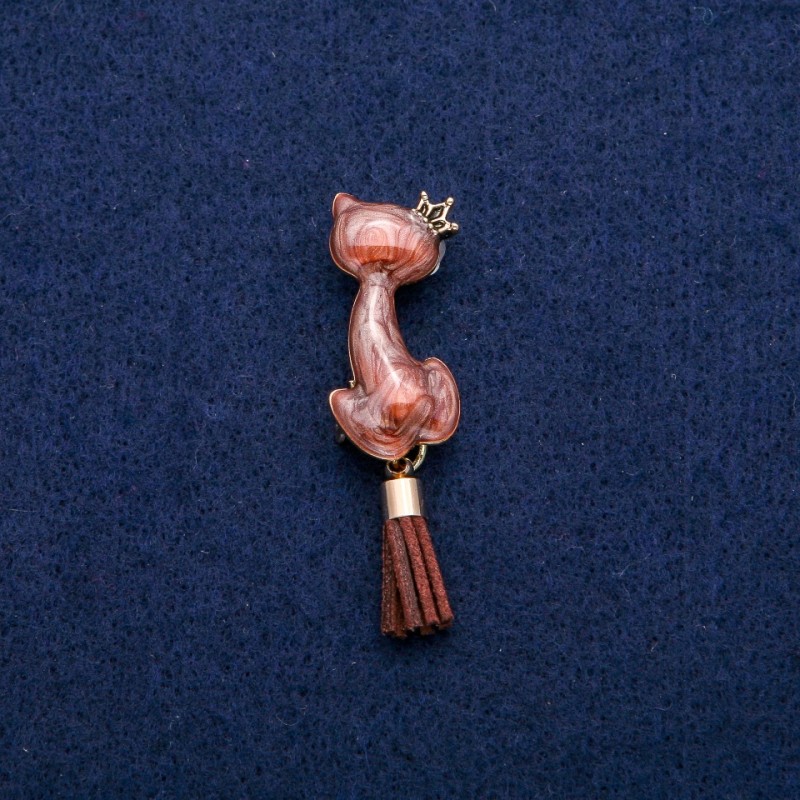 Brooch Cat with Enamel and Tail Brush 14x50mm, Gold-Toned Metal