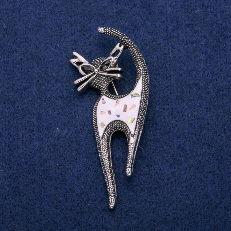 Brooch 'Cat' with Enamel, Chalcedony, and Crystals 30x73mm, Silvery Metal