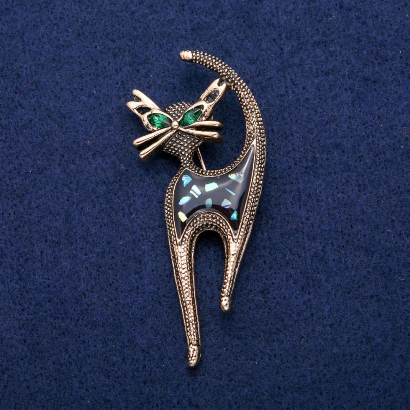 Brooch Cat with Enamel, Halloysite, and Crystals 30x73mm, Gold Tone Metal