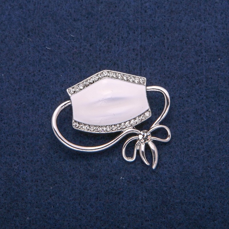Brooch Pendant Mask White Enamel and Rhinestones, Silver Metal 37×41mm