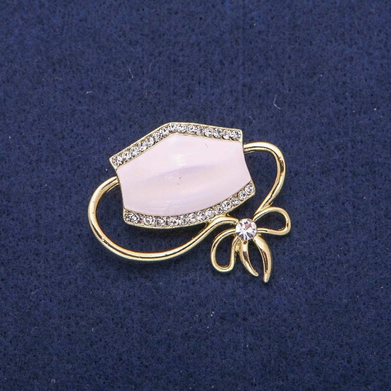Brooch Pendant Mask White Enamel and Rhinestones, Gold-Toned Metal 37x41mm