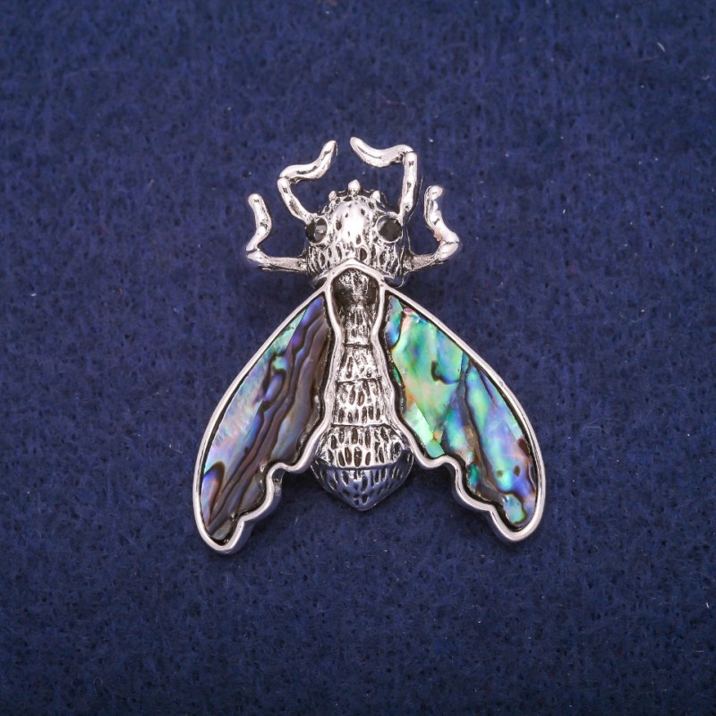Brooch Butterfly with Chalcedony Inlay, Silver-Colored Metal 37x44mm