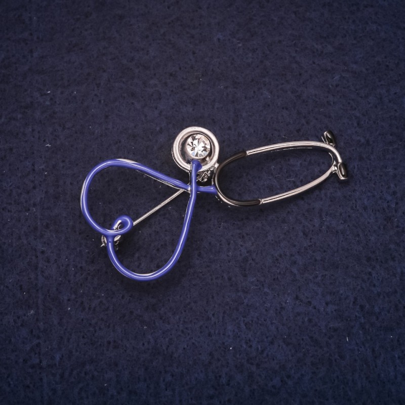 Brooch 'Stethoscope' 25x53mm enamel with crystals blue and white, silver metal
