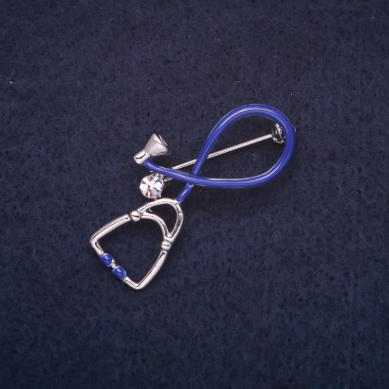 Brooch Stethoscope 37x20mm enamel crystals blue white silver metal