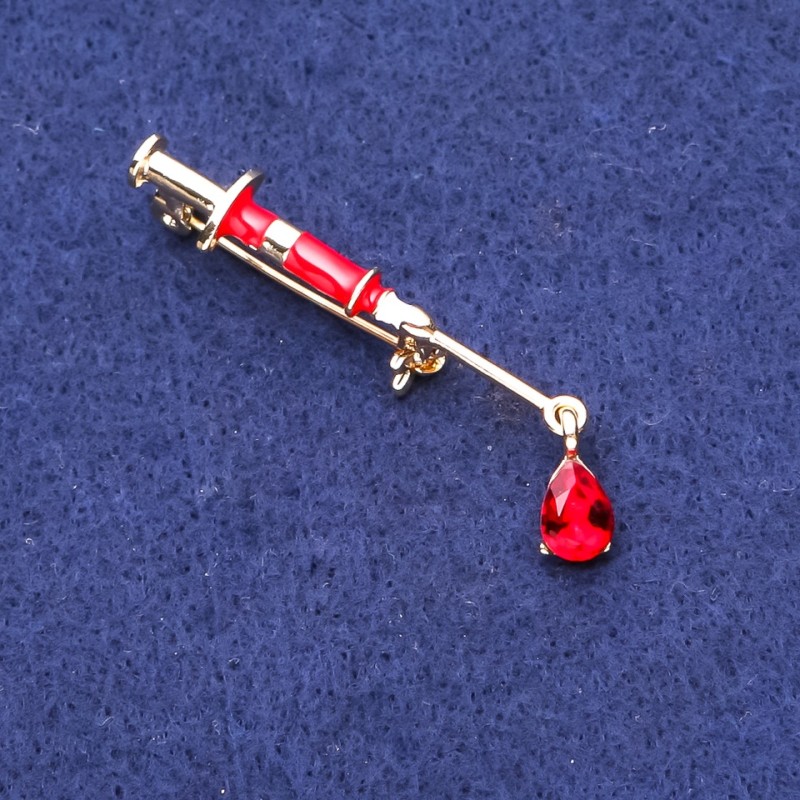 Brooch Needle Syringe red crystal golden metal 10x45mm