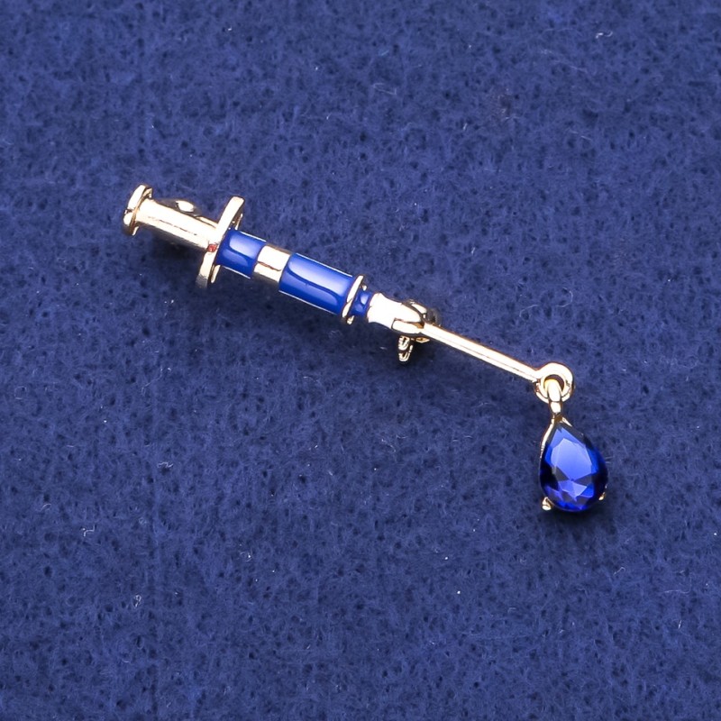 Brooch Needle Syringe with Blue Crystal on Gold-Toned Metal 10x45mm