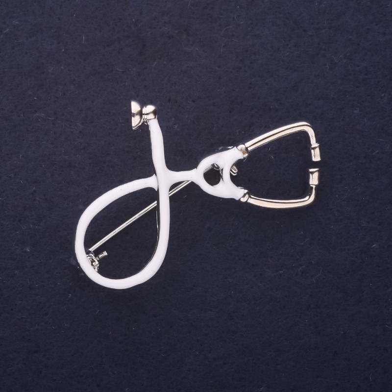 Brooch - Stethoscope White Enamel, Silver Metal, 44x30mm