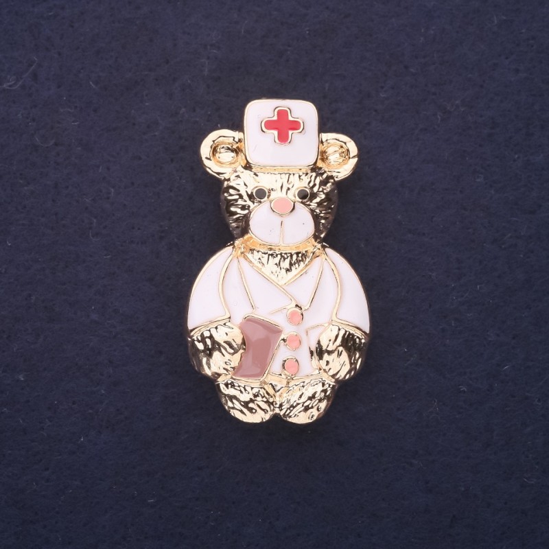 Brooch Bear Doctor Enamel White-Red 40x22mm Gold-tone Metal