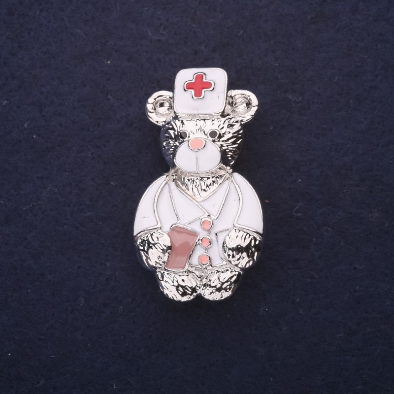 Brooch Bear Doctor White-Red Enamel 40x22mm Silver Metal