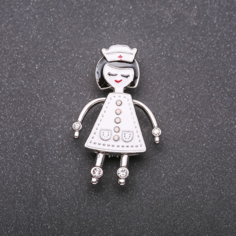 Nurse Brooch Enamel White 42x26mm Silver Metal