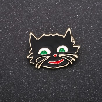 Brooch "Cheshire Cat" with black enamel, silver-tone metal, 27x22mm