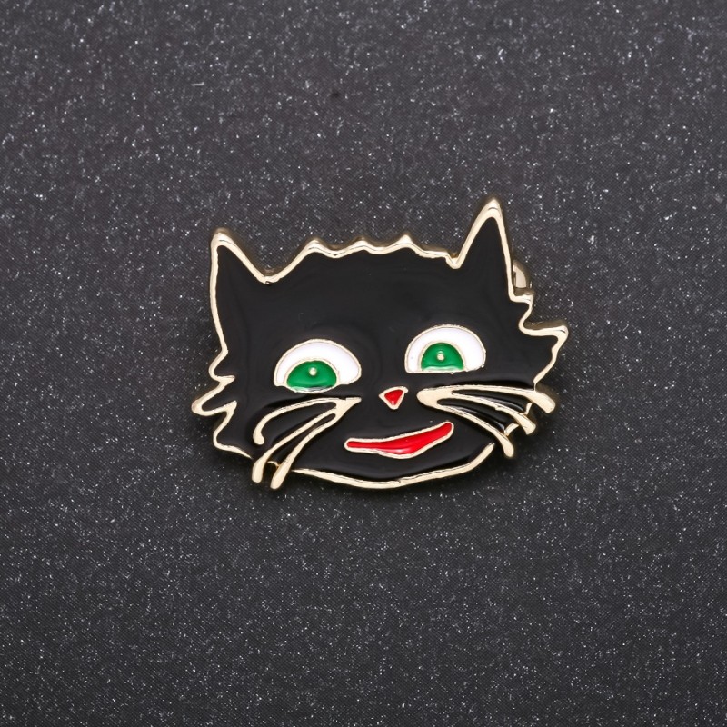 Brooch "Cheshire Cat" with black enamel, silver-tone metal, 27x22mm