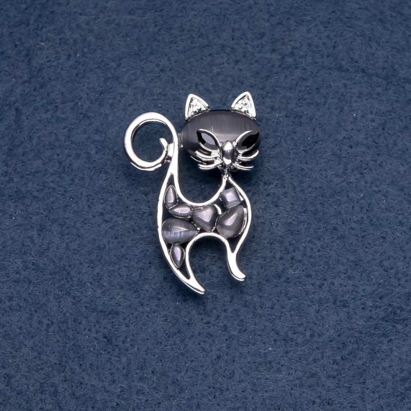 Brooch "Kitten" Black Cat's Eye Stone Color of Metal "Silver" 30×45mm