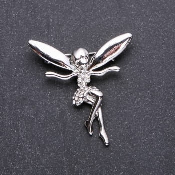 Brooch Elf Girl in White Rhinestones 43×42mm White Metal