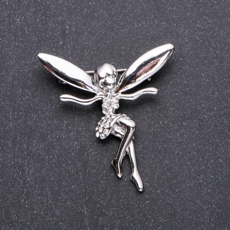 Brooch Elf Girl in White Rhinestones 43×42mm White Metal