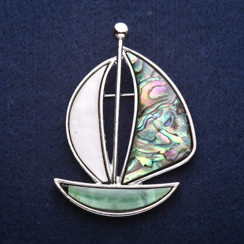 Brooch Pendant Ship with Chalcedony and Mother of Pearl 62x45mm