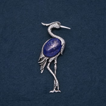 Brooch Pendant Heron with Natural Stone Lapis Lazuli 80x30mm