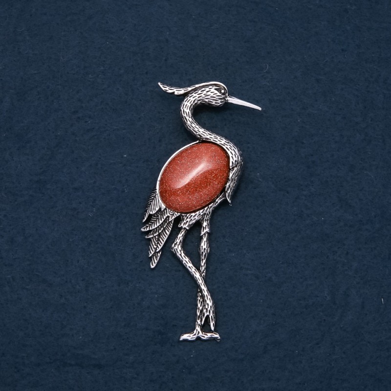 Brooch Pendant Heron with Natural Stone Aventurine "Golden Sand" 80x30mm