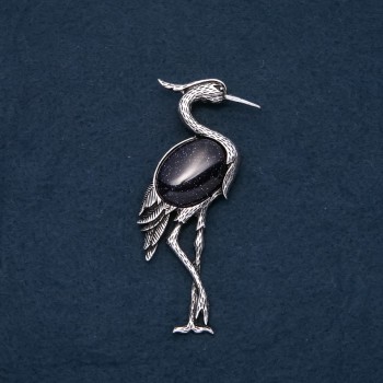 Brooch Pendant Heron with Natural Stone Aventurine Blue Sand Night of Cairo 80x30mm